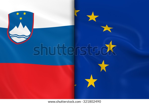 Flags of Slovenia and the European Union Split\
Down the Middle - 3D Render of the Slovenian Flag and EU Flag with\
Silky Texture