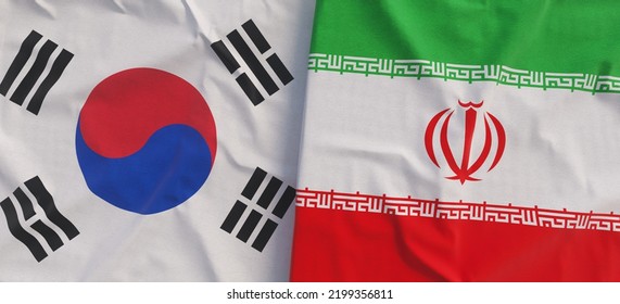 Flags Of South Korea And Iran. Linen Flags Close-up. Flag Made Of Canvas. Korean, Seoul. Asia. Tehran. 3d Illustration.