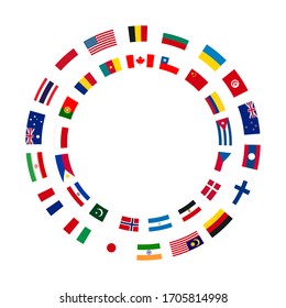 A lot of flags of sovereign states arranged in two circles isolated on a white background