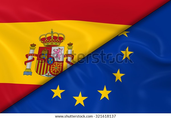 Flags of\
Spain and the European Union Divided Diagonally - 3D Render of the\
Spanish Flag and EU Flag with Silky\
Texture