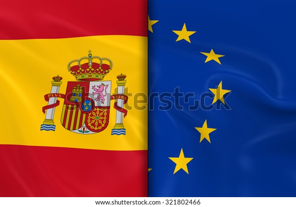 Flags\
of Spain and the European Union Split Down the Middle - 3D Render\
of the Spanish Flag and EU Flag with Silky\
Texture
