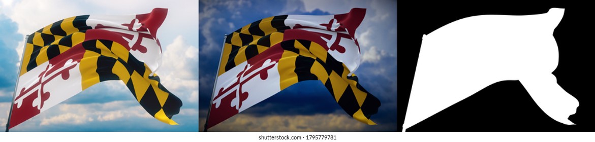 Flags of the states of USA. State of Maryland flag. 3D illustration. Set of 2 flags and alpha matte image. United States of America states flags collection.  - Shutterstock ID 1795779781