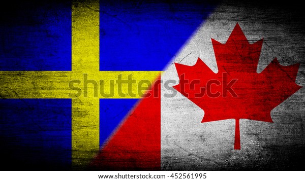 Flags of Sweden\
and Canada divided\
diagonally