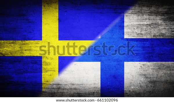 Flags of Sweden\
and Finland divided\
diagonally