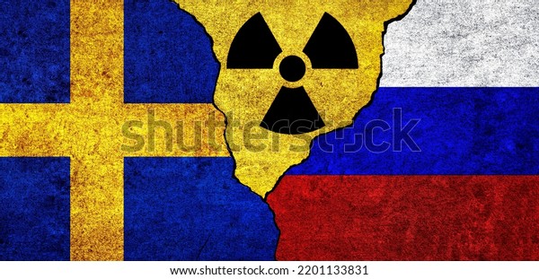 Flags\
of Sweden, Russia and radiation symbol together. Russia and Sweden\
Nuclear deal, threat, agreement, tensions\
concept