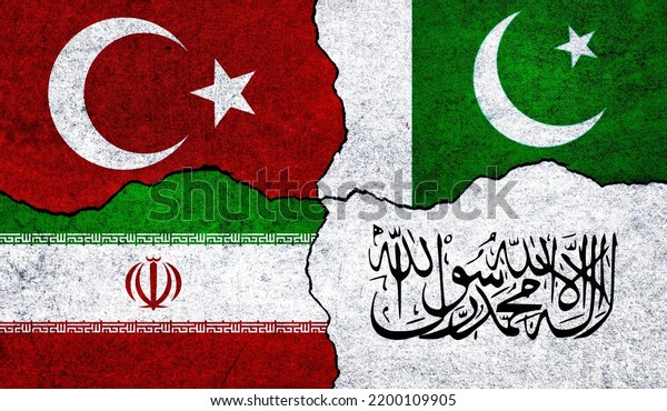 Flags of Taliban, Pakistan,\
Iran and Turkey on a wall. Afghanistan Pakistan Turkey Iran\
alliance