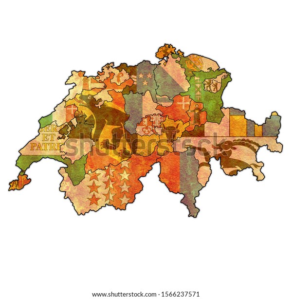 flags and territories of cantons on map of administrative divisions of switzerland