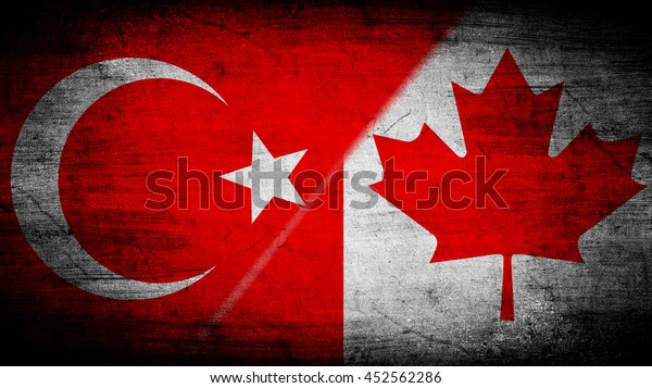 Flags of Turkey\
and Canada divided\
diagonally