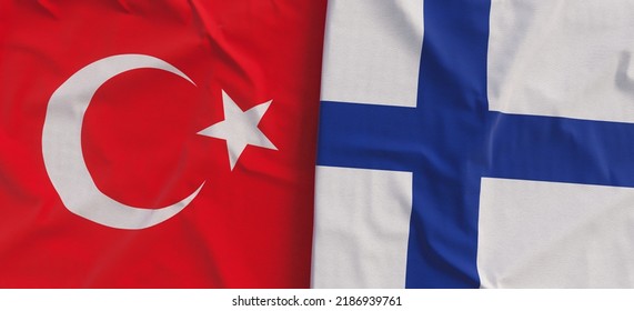 Flags of Turkey and Finland. Linen flags close-up. Flag made of canvas. Turkish, Ankara. Finnish. State national symbols. 3d illustration.