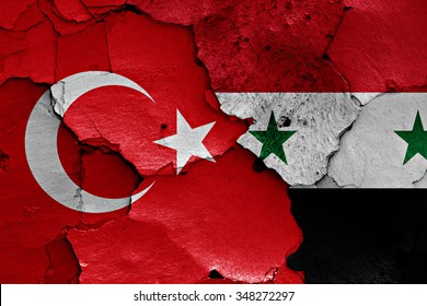 Flags Of Turkey And Syria Painted On Cracked Wall