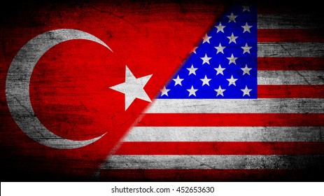 Flags Of Turkey And USA Divided Diagonally