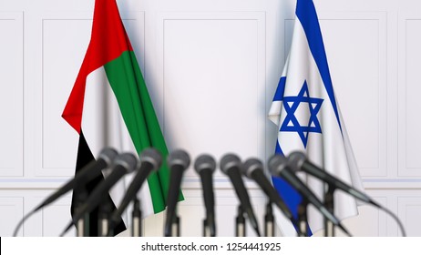 Flags Of The UAE And Israel At International Meeting Or Conference. 3D Rendering