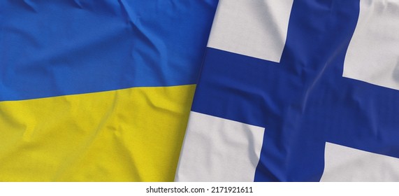 Flags of Ukraine and Finland. Linen flags close up. Flag made of canvas. Ukrainian. Finnish, Helsinki. National symbols. 3d illustration.