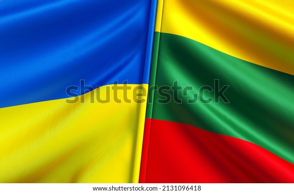 Flags of Ukraine and Lithuania.\
Lithuanian flag. Blue and yellow flag. Yellow-green-red. State\
symbols. Sovereign state. Independent Ukraine. 3D\
illustration.
