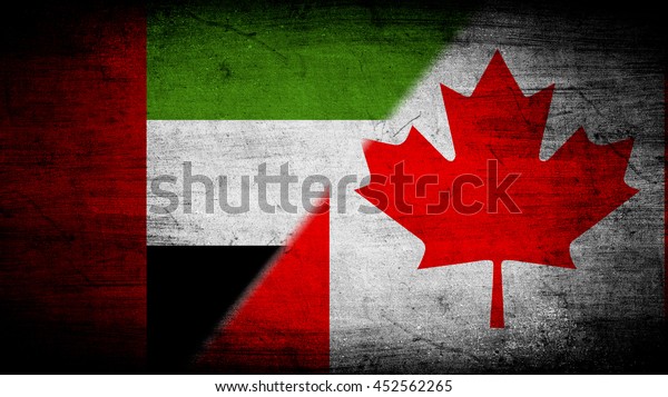 Flags of United Arab Emirates and Canada\
divided diagonally