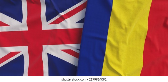 Flags Of The United Kingdom And Romania. Linen Flags Close-up. Flag Made Of Canvas. Romanian. Great Britain. UK Flag. State National Symbols. 3d Illustration.