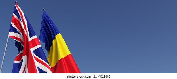 Flags Of United Kingdom And Romania On Flagpoles On The Side. Flags On A Blue Background. Great Britain, England. Bucharest. 3D Illustration.