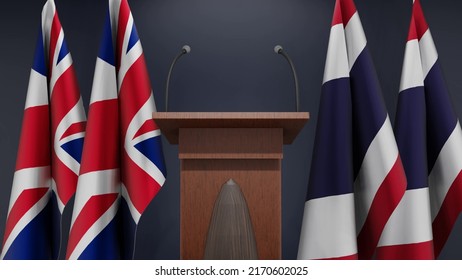 Flags Of United Kingdom And Thailand At International Meeting Or Negotiations Press Conference. Podium Speaker Tribune With Flags And Coat Arms. 3d Rendering