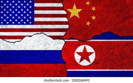 Flags Of United States Of America, China, Russia And North Korea On A Wall. China North Korea USA Russia Relations