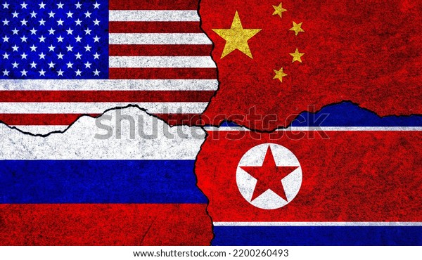 Flags of\
United States of America, China, Russia and North Korea on a wall.\
China North Korea USA Russia\
relations