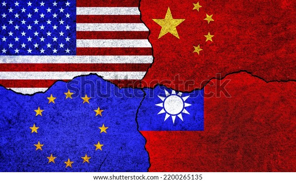 Flags of United\
States of America, China, European Union and Taiwan on a wall.\
China Taiwan USA EU\
relations