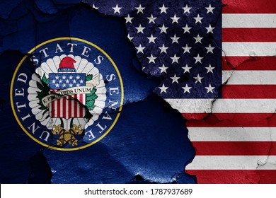 flags of United States Senate and USA painted on cracked wall