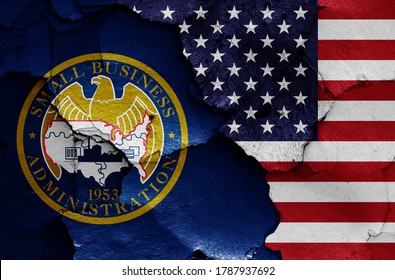 Flags Of  U.S. Small Business Administration And USA Painted On Cracked Wall