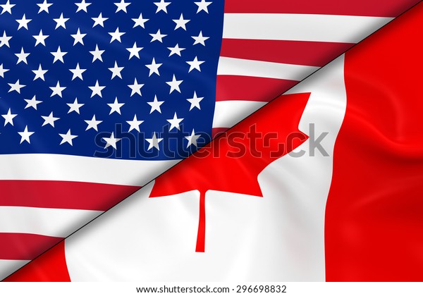 Flags\
of the USA and Canada Divided Diagonally - 3D Render of the\
American Flag and Canadian Flag with Silky\
Texture