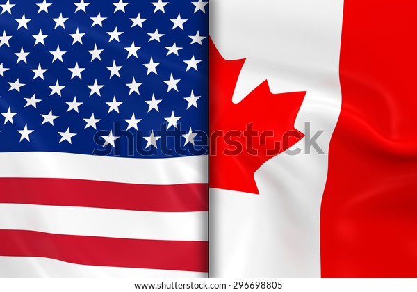 Flags
of the USA and Canada Split Down the Middle - 3D Render of the
American Flag and Canadian Flag with Silky
Texture