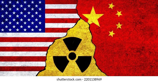 Flags Of USA, China And Radiation Symbol Together. United States Of America And China Nuclear Deal, Threat, Agreement, Tensions Concept