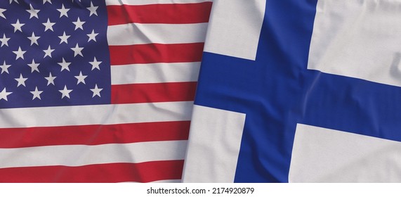 Flags of USA and Finland. Linen flags close-up. Flag made of canvas. United States of America. Finnish, Helsinki. National symbols. 3d illustration.