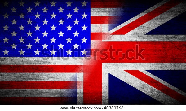 Flags of USA\
and Great Britain divided\
diagonally