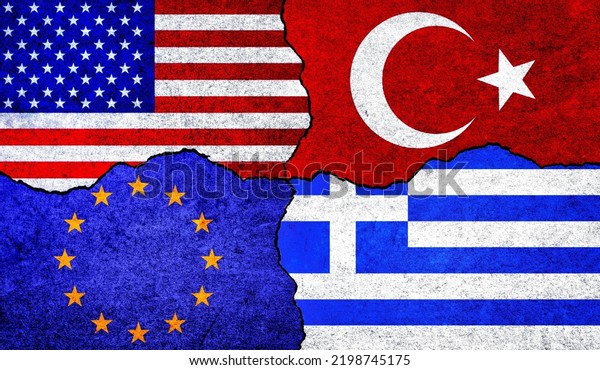 Flags of USA, Greece, EU and Turkey on a wall\
with crack. European Union, Greece, America and Turkey flags\
together. USA Greece Turkey EU\
relation