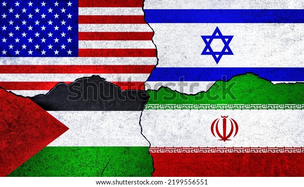 Flags of USA, Iran, Palestine and\
Israel on a wall. United States of America, Israel, Iran and\
Palestine flags together. USA Israel Palestine Iran\
relation