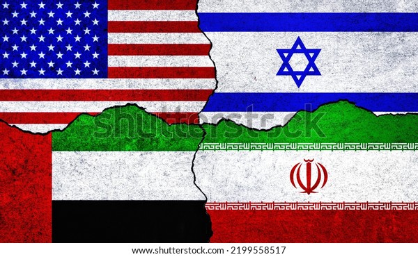Flags of USA, Iran, United Arab
Emirates and Israel on a wall. USA Israel Iran UAE
relation