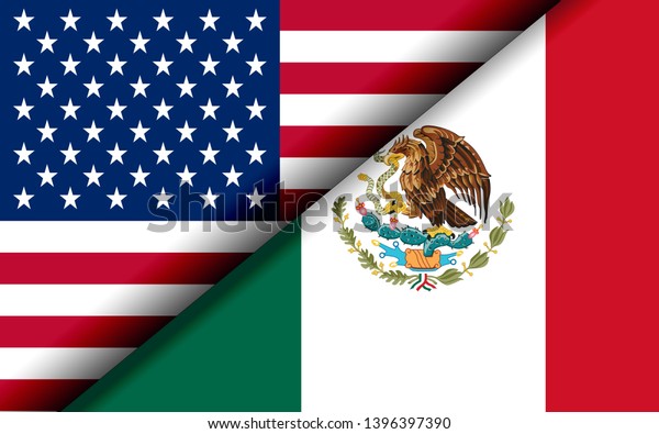 Flags of the USA and Mexico divided diagonally.\
3D rendering