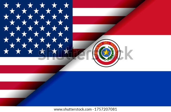 Flags of the USA and Paraguay divided\
diagonally. 3D\
rendering