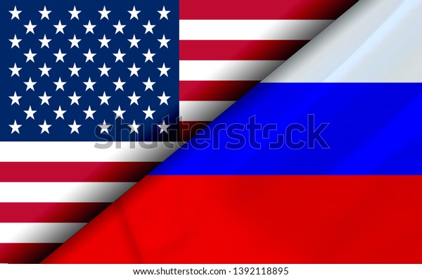 Flags of the USA and Russia Divided Diagonally.\
3D rendering
