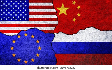 Flags Of USA, Russia, EU And China On A Wall With Crack. European Union, Russia, America And China Flags Together. USA Russia China EU Conflict