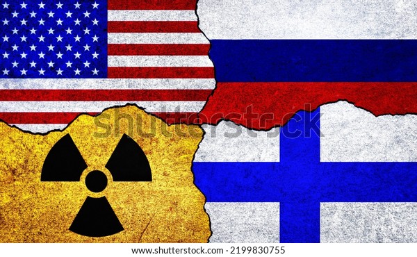 Flags of USA, Russia, Finland and radiation\
symbol on a wall. United States of America, Finland and Russia\
Nuclear Deal or Tensions\
concept