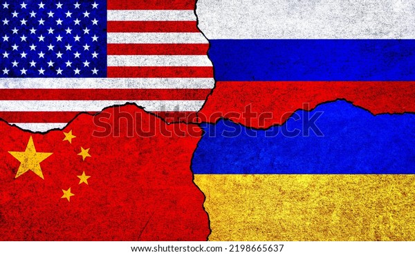 Flags of USA, Russia, Ukraine and China on a wall\
with crack. Ukraine, Russia, America and China flags together.\
Ukraine Russia war