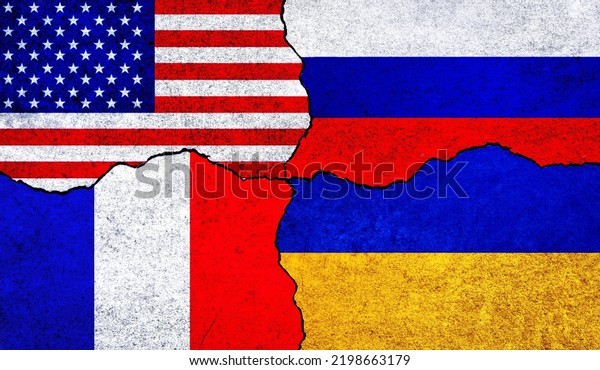 Flags of USA, Russia, Ukraine and France on a wall\
with crack. Ukraine, Russia, America and France flags together.\
Ukraine Russia war
