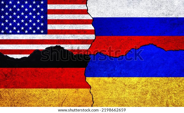 Flags of USA, Russia, Ukraine and Germany on a wall\
with crack. Ukraine, Russia, America and Germany flags together.\
Ukraine Russia war