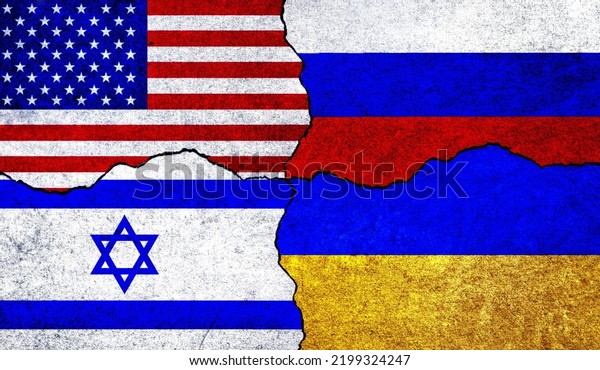 Flags of USA, Russia, Ukraine and\
Israel on a wall. United States of America, Ukraine, Russia and\
Israel flags together. USA Israel Russia Ukraine\
relation