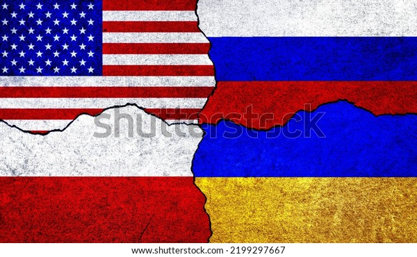 Flags\
of USA, Russia, Ukraine and Poland on a wall. United States of\
America, Ukraine, Russia and Poland flags\
together