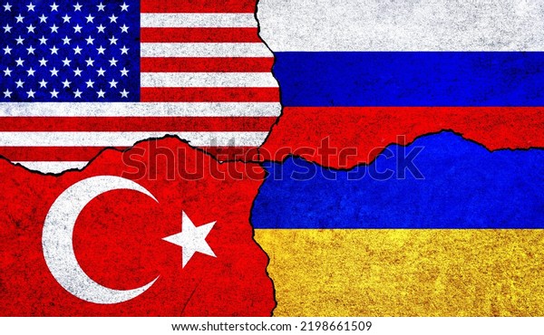 Flags of USA, Russia, Ukraine and Turkey on a wall\
with crack. Ukraine, Russia, America and Turkey flags together.\
Ukraine Russia war