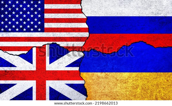 Flags of USA, Russia, Ukraine and UK on a wall with\
crack. Ukraine, Russia, America and Britain flags together. Ukraine\
Russia war