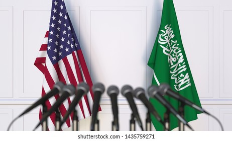 Flags of the USA and Saudi Arabia at international meeting or conference. 3D rendering