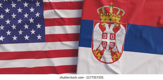 Flags Of USA And Serbia. Linen Flags Close-up. Flag Made Of Canvas. United States Of America. Serbian. State National Symbols. 3d Illustration.