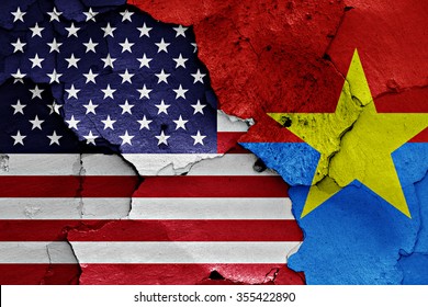 Flags Of USA And Viet Cong Painted On Cracked Wall